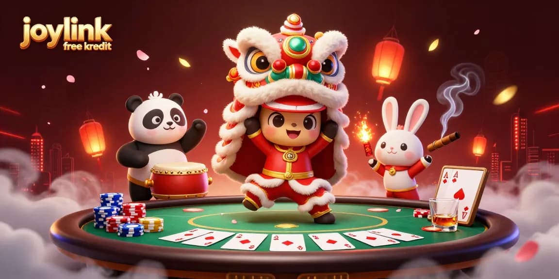 Experience the excitement of joylink free kredit with lively casino characters and poker elements in this vibrant illustration.