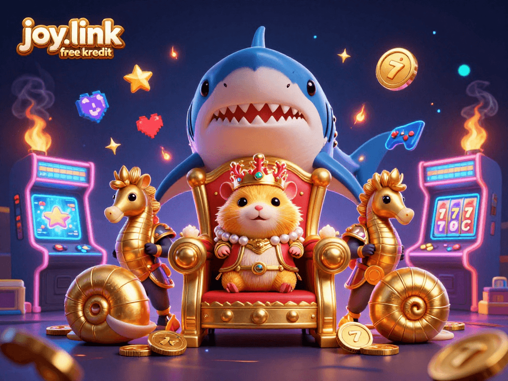 Engage with joy.link free kredit opportunities while exploring a vibrant 3D casino-themed scene.