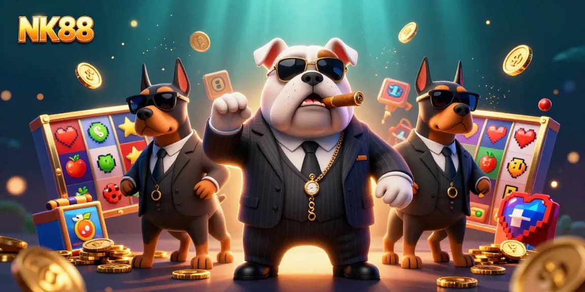 Experience excitement at NK88 with a mafia boss bulldog and slot game elements in a dynamic casino scene.