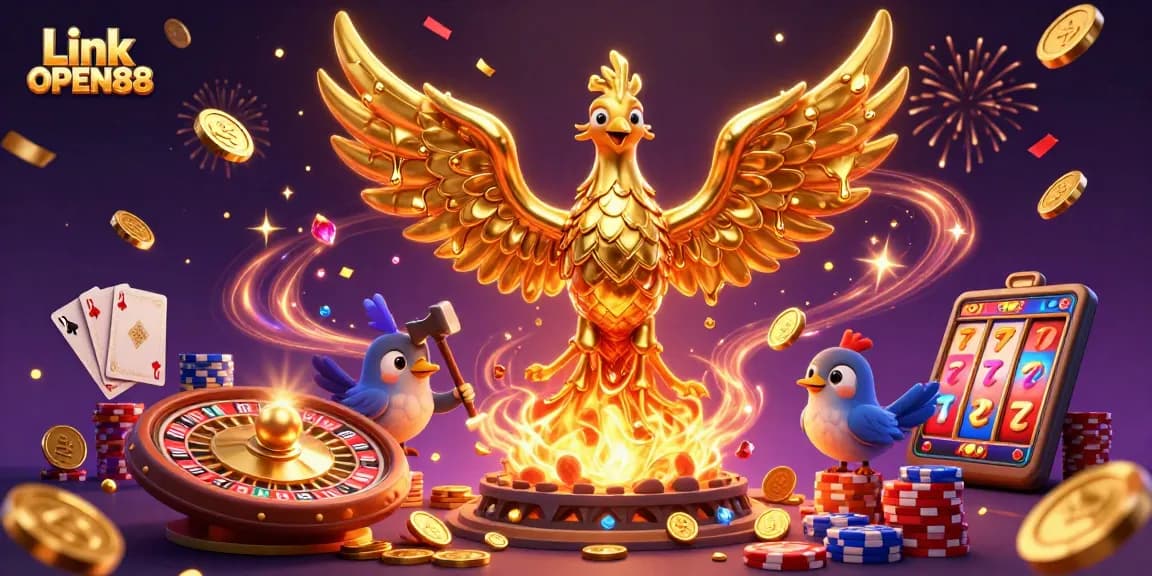 Experience thrilling fun at Link OPEN88 with a golden phoenix and exciting casino elements!