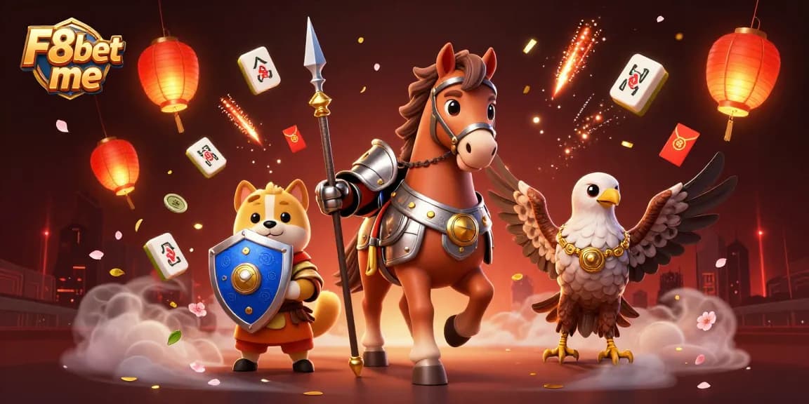 Experience excitement at F8bet me with vibrant symbols, knight, and puppy in a dynamic casino scene.