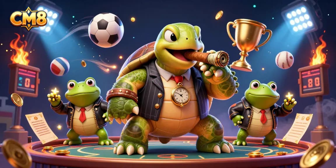 Win big with CM8 at a vibrant casino scene featuring a snapping turtle in a mobster suit.