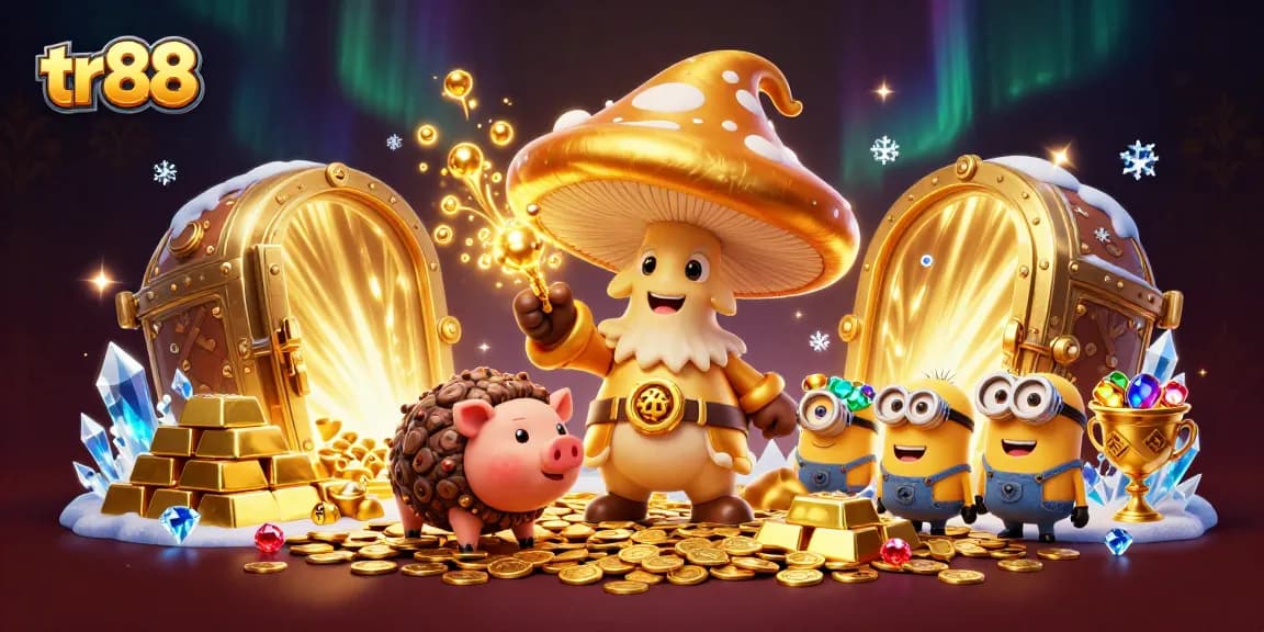 Experience the magical world of tr88 with enchanting characters celebrating treasure and gems.