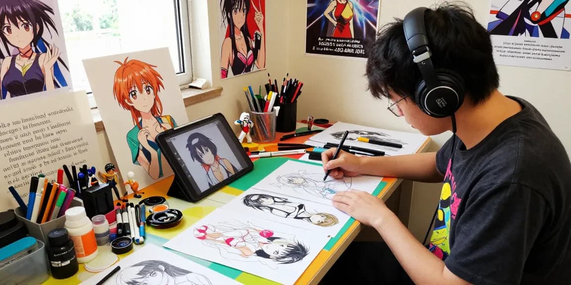 Creative workshop featuring artist designing ai ecchi characters with vibrant sketches and digital tools.