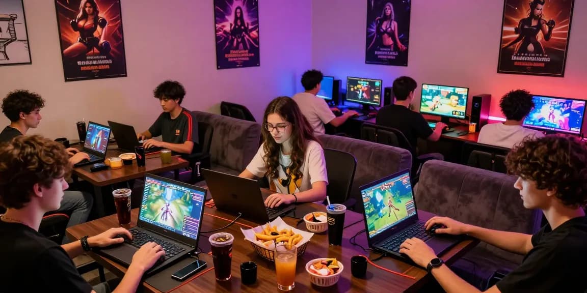 Play porn games in a vibrant gaming lounge with colorful graphics and diverse characters.