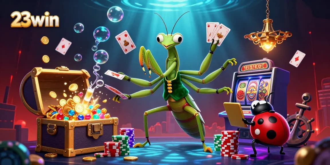 Engage with 23win's vibrant casino scene showcasing a giant praying mantis dealer and thrilling slots.
