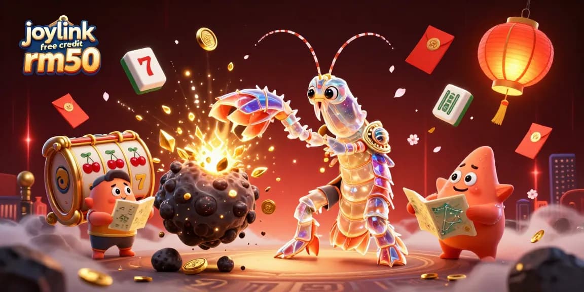 Experience joylink free credit rm50 with a vibrant 3D gaming scene featuring intriguing characters and lucky symbols.