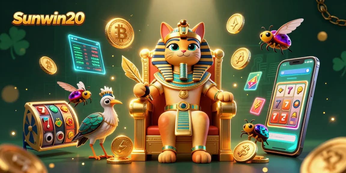 Experience Sunwin20 with vibrant 3D casino elements, including slot reels and cryptocurrency coins.