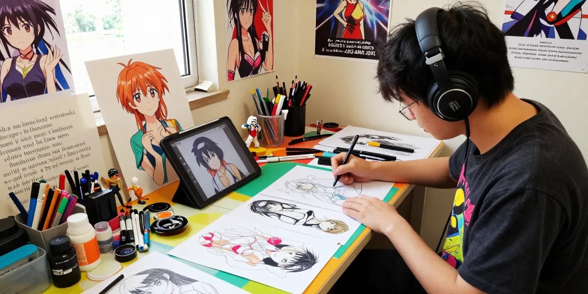 Creative workshop featuring artist designing ai ecchi characters with vibrant sketches and digital tools.