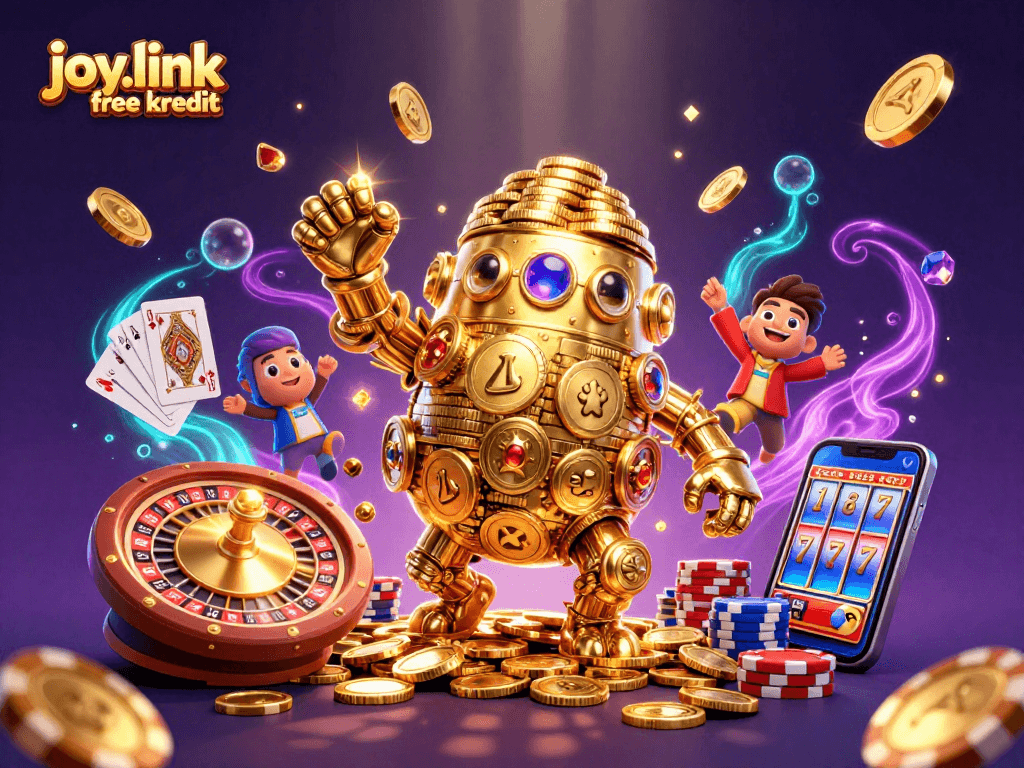 Spin to win with joy.link free kredit with golden golem and casino elements in 3D illustration