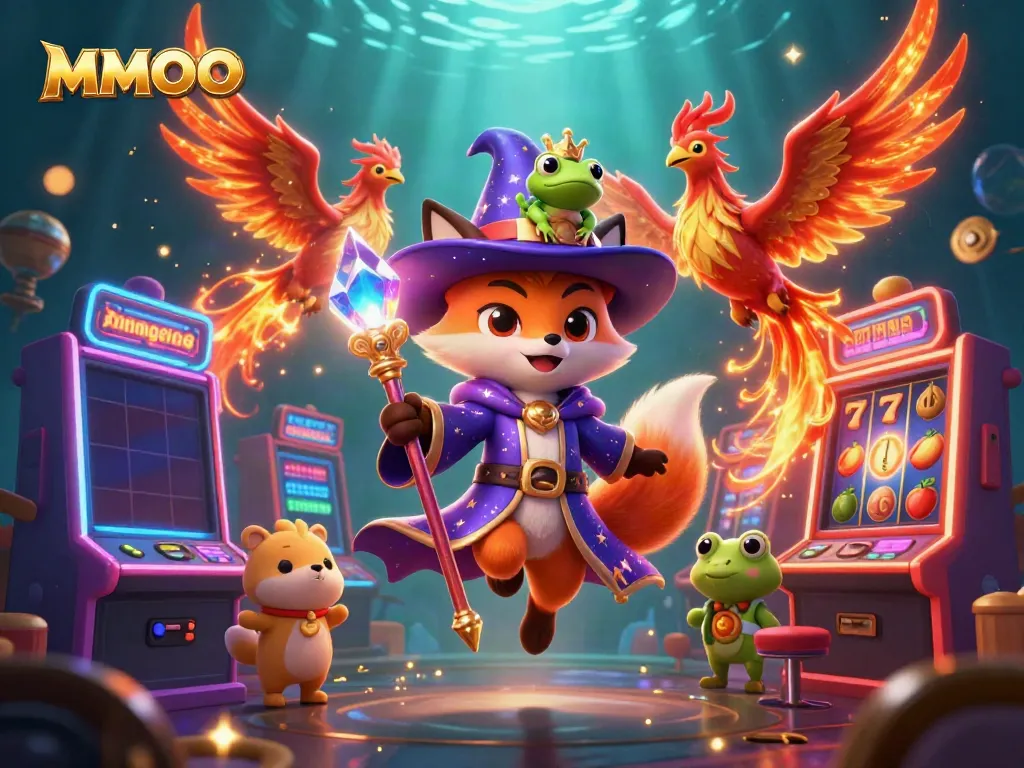 Experience the thrill of MMOO with a vibrant 3D casino scene featuring dynamic characters and slot machines.