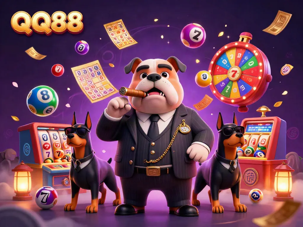 Experience thrilling gaming with QQ88's dynamic casino scene featuring a mafia bulldog and lottery elements.
