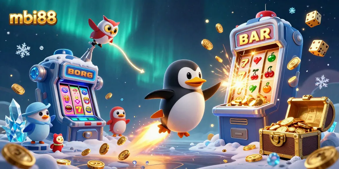 Win big with mbi88 at a thrilling online casino adventure featuring a golden penguin and jackpot slots.