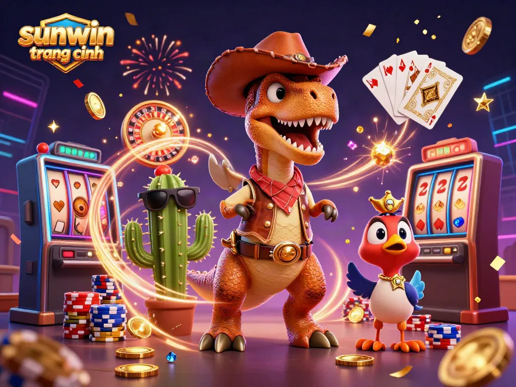 Engage with sunwin trang chính experience featuring a T-Rex cowboy, gems, and a dynamic casino atmosphere.