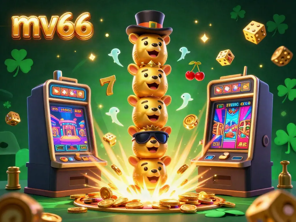 Spin to win at mv66 with a vibrant casino scene featuring animals on a golden totem and a jackpot slot machine.