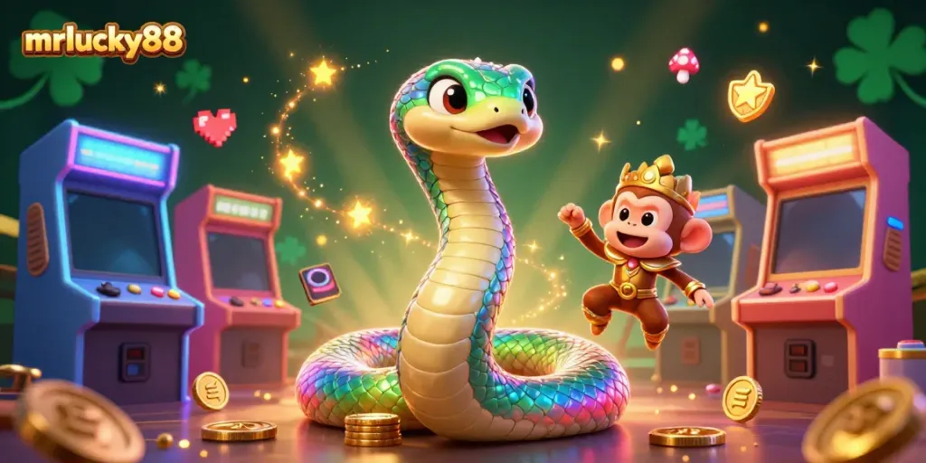Experience mrlucky88 with vibrant 3D gaming scenes featuring a rainbow serpent, monkey king, and arcade elements.