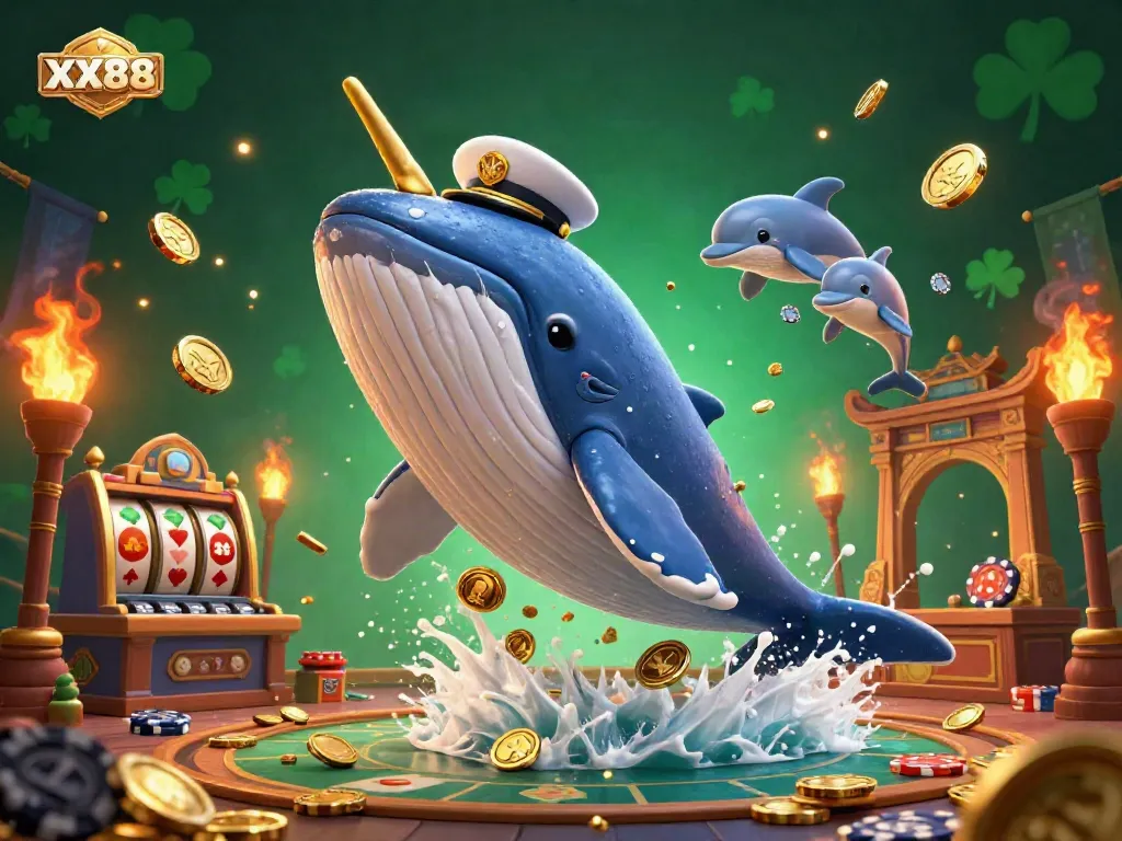 Experience the excitement of XX88 with a vibrant casino scene featuring a cartoon whale, narwhal, and dolphins.