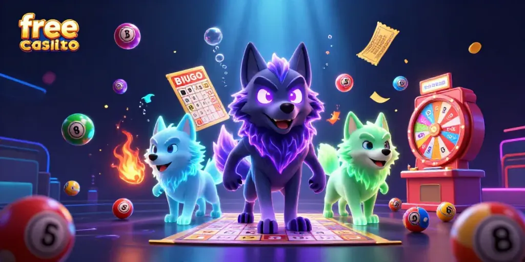 Engage with the thrilling world of the free credit casino featuring animated wolves, dynamic lottery elements, and vibrant colors.