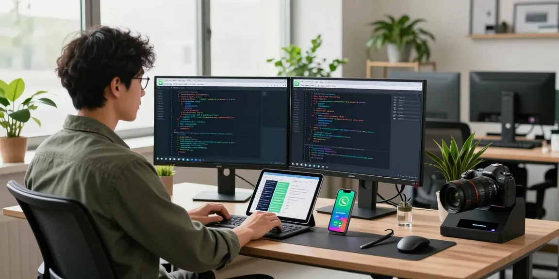 Professional workspace showcasing WhatsApp網頁版 on dual monitors, reflecting a tech-savvy developer's environment.