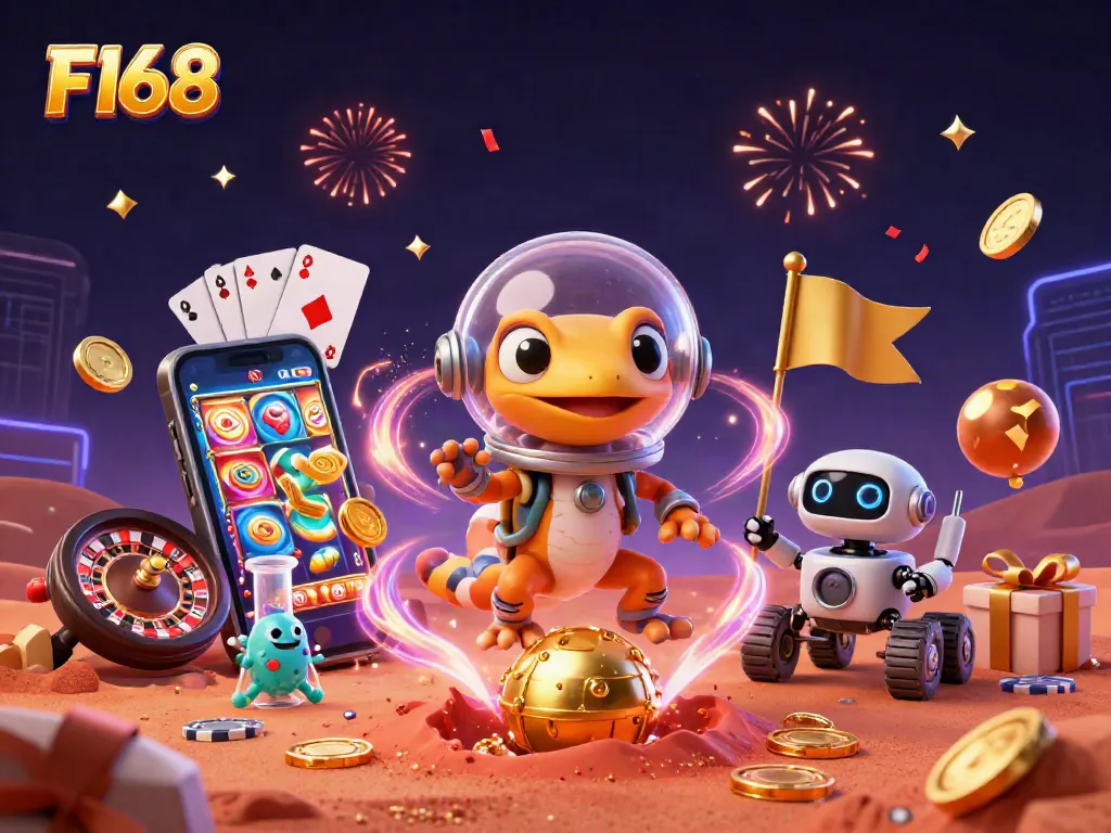 Play exciting casino games in a vibrant F168 universe with the Martian gecko and lively elements.