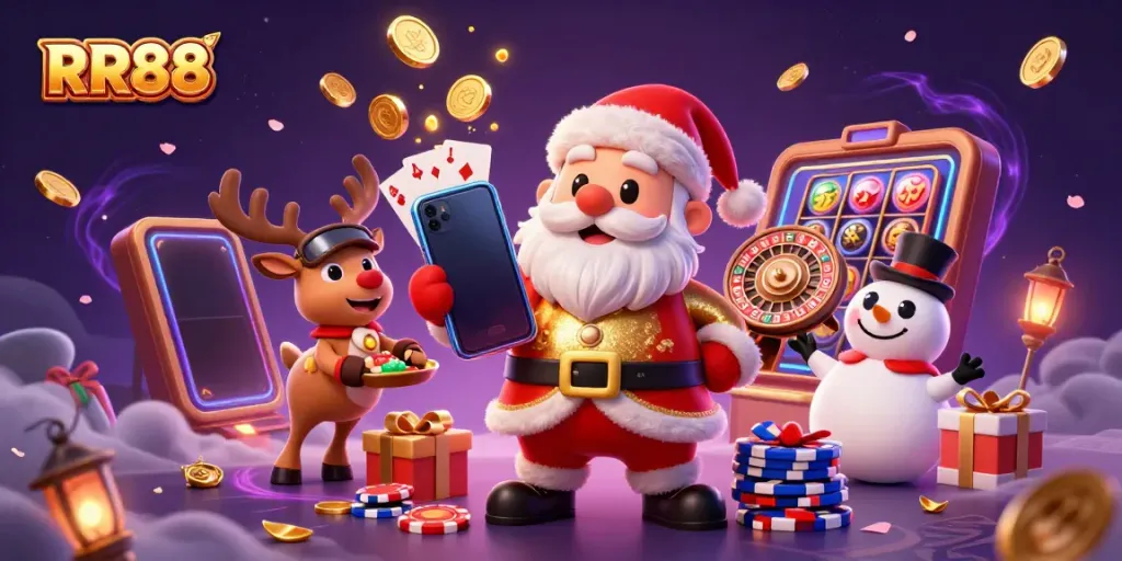 Spin and win with RR88 in this vibrant casino illustration showcasing Santa and friends!