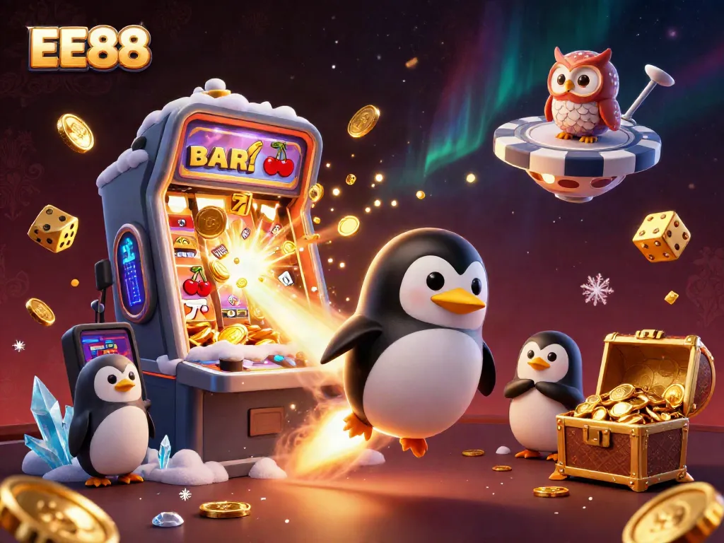 Experience the thrill of EE88 with a golden penguin and casino space adventure!