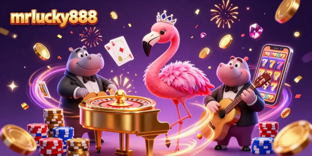 Experience the vibrant entertainment of mrlucky888 with a dynamic 3D casino scene filled with characters and gold elements.