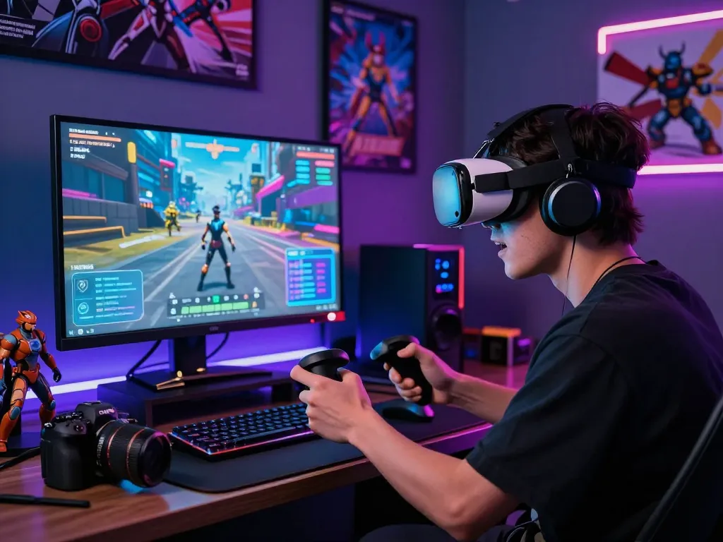 Immersive 18+ AI gaming scene with character interacting in a vibrant neon-lit environment.