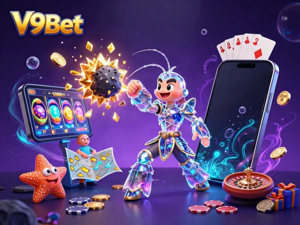 Experience V9Bet's thrilling scene with galactic samurai and winning slots in a vibrant universe.