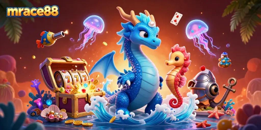 Enjoy thrilling gaming sessions at MRACE88 with vibrant underwater visuals featuring the water dragon and slot elements.