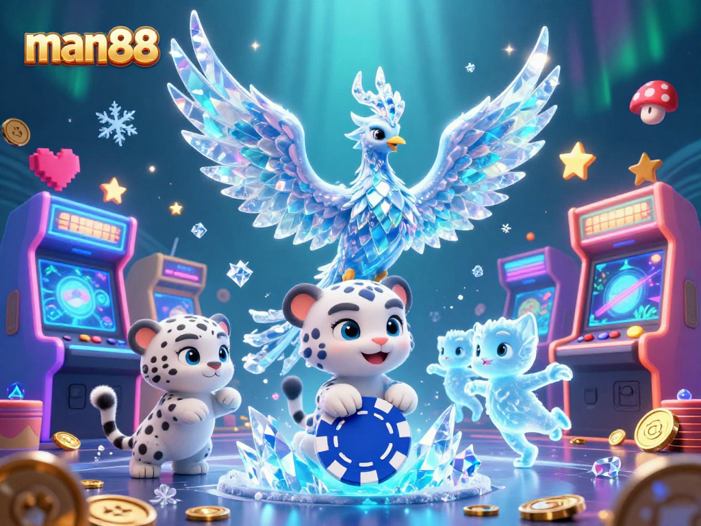 Engage in thrilling gameplay with man88 featuring a vibrant 3D scene of an ice phoenix, snow leopard, and gaming elements.
