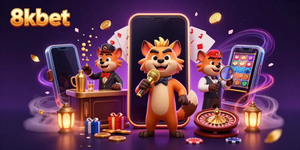 Experience the lively comedy casino scene at 8kbet featuring hyenas and vibrant gaming elements.