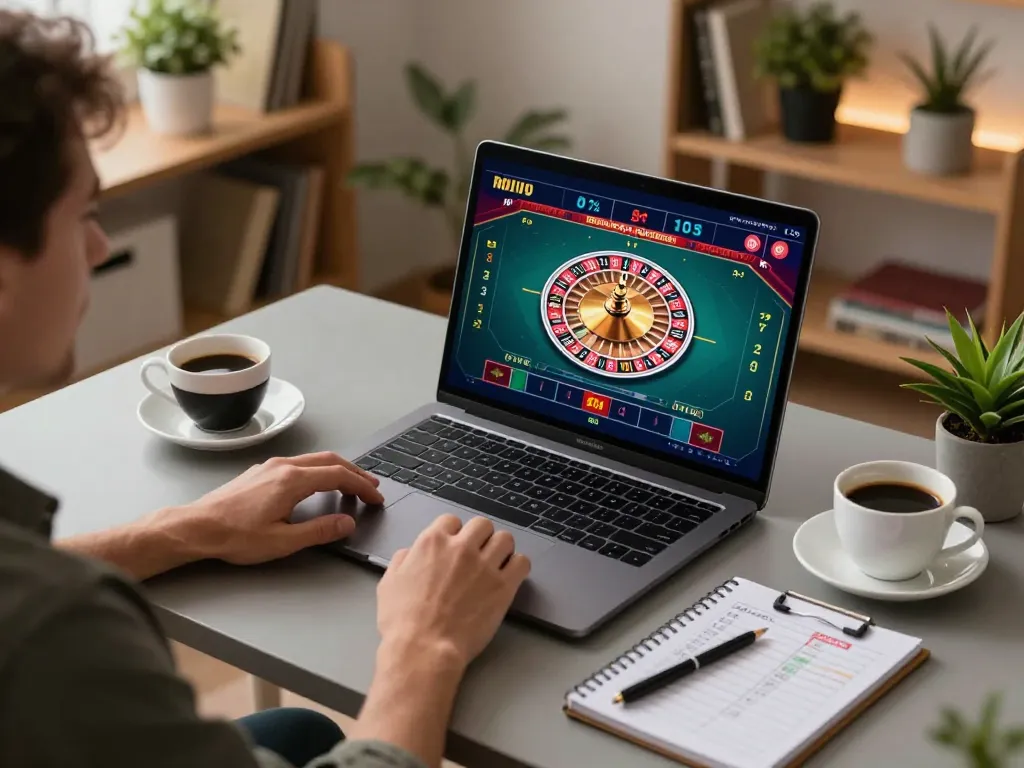 Player engaging with rokok88 live dealer table game on a sleek laptop, showcasing interactive online gaming.