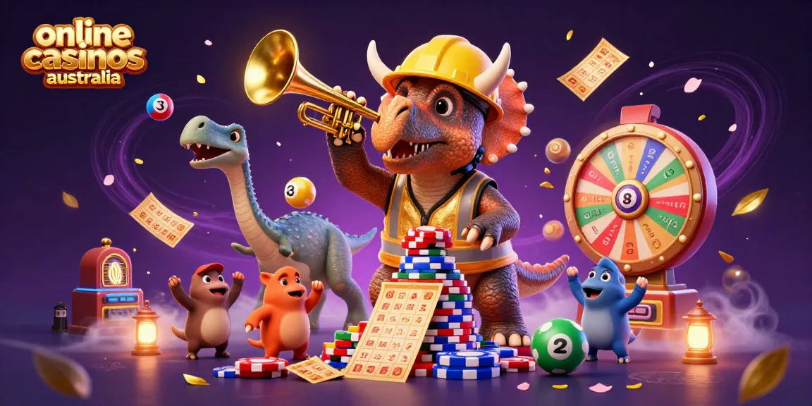 Engaging illustration showcasing online casinos Australia with a triceratops and a parasaurolophus amidst colorful gaming elements.