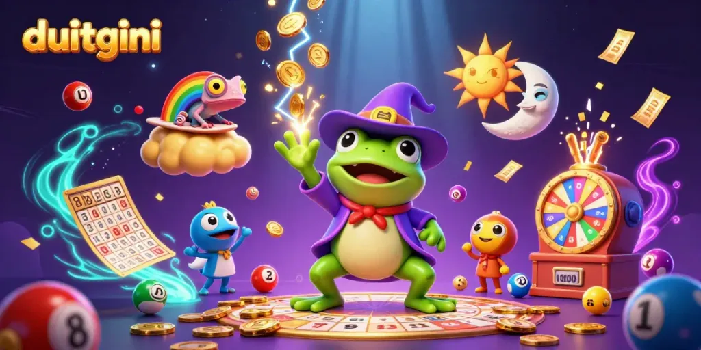 Play and win with DuitGini, featuring a magical scene of gambling joy and wealth.