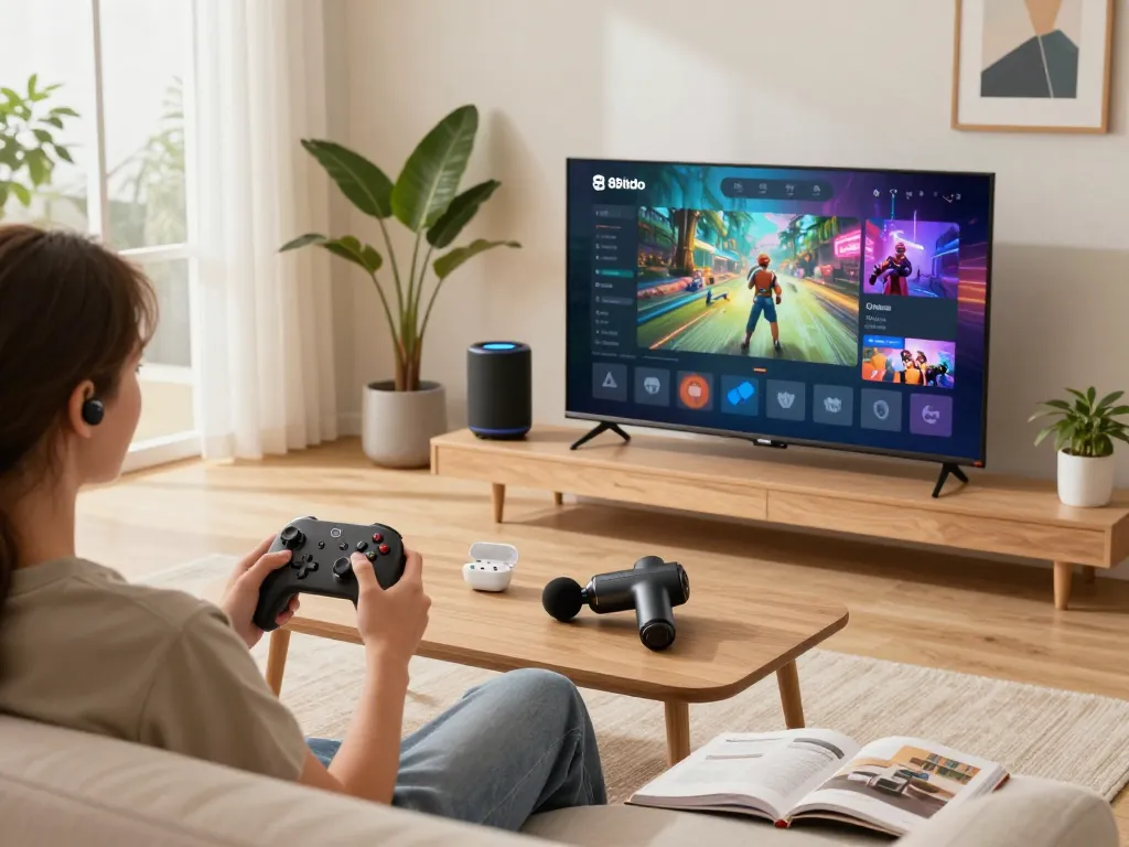 Engaging scene showcasing smart tech gadgets, including Bluetooth controllers, speakers, and massage guns in a modern living room.