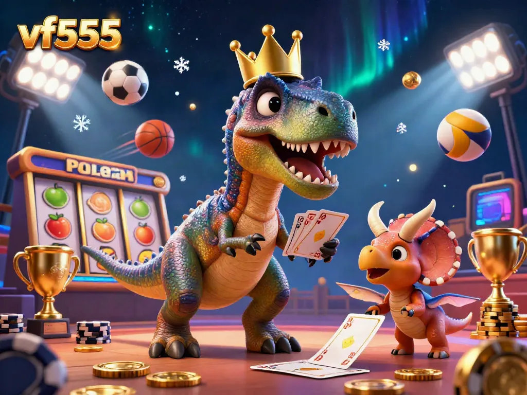 Join the excitement of vf555 with friendly characters playing cards and stacking chips in a vibrant casino setting.