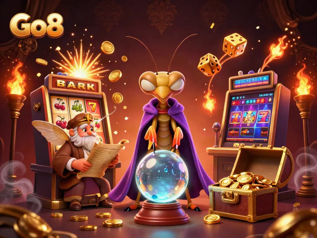 Engaging Go8-themed casino illustration with fortune teller, moth librarian, and vibrant gaming elements.