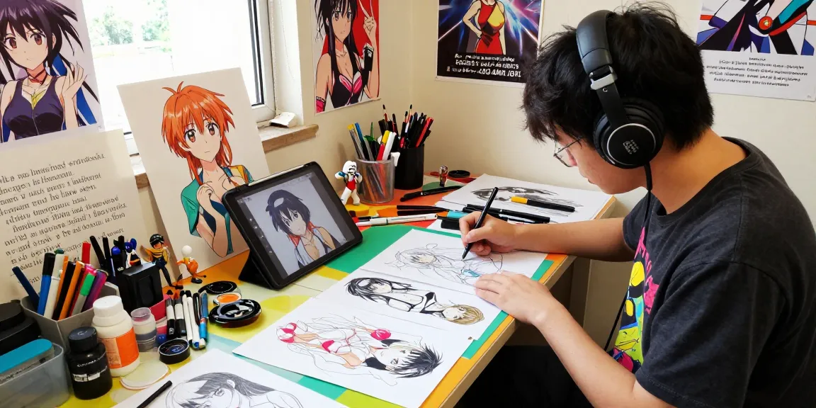 Creative workshop featuring artist designing ai ecchi characters with vibrant sketches and digital tools.
