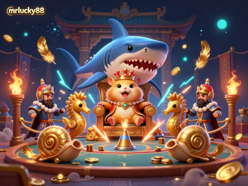 Engage with mrlucky88's fierce hamster king gambling in a dynamic arena filled with golden coins and vibrant visuals.