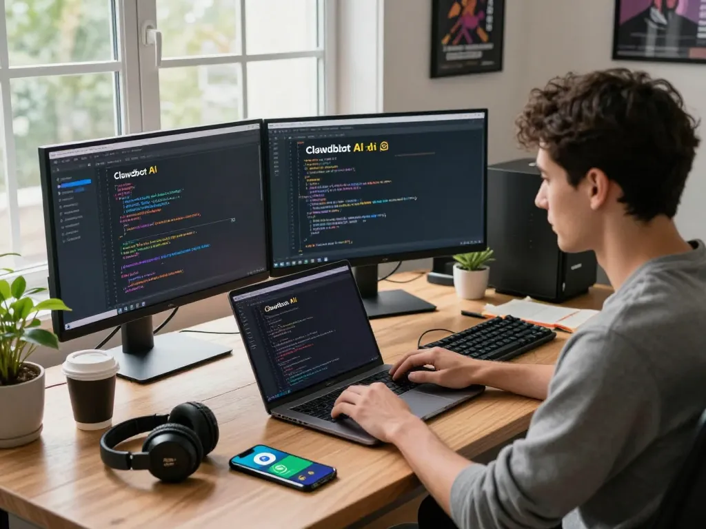 Software engineer using Clawdbot AI in a modern workspace with coding on multiple screens.