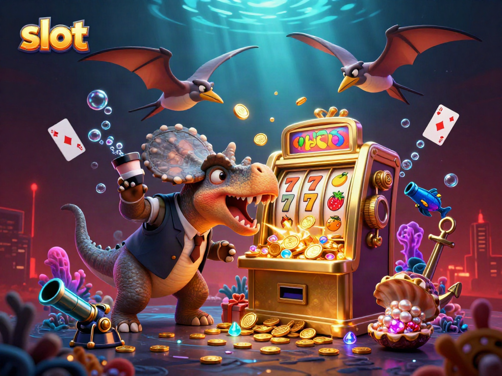 Experience thrilling slot action with a dinosaur and jackpot coins flying in this vibrant illustration.