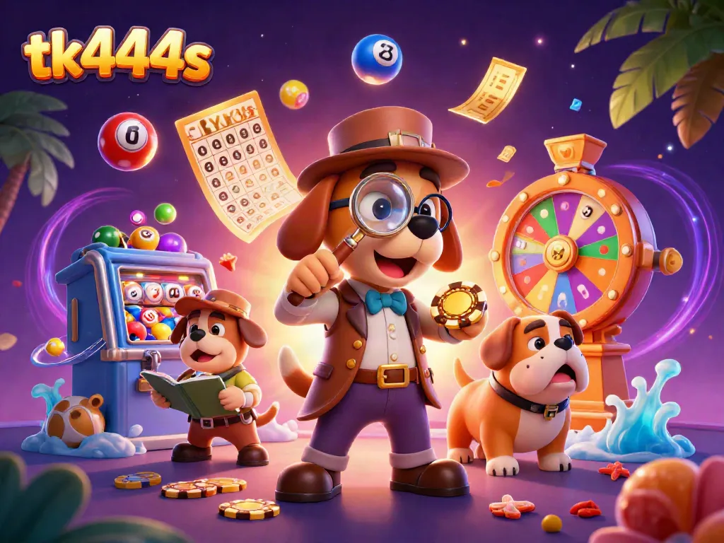 Engage in thrilling gambling adventures with tk444s, where a cartoon detective investigators poker chips on a colorful backdrop.