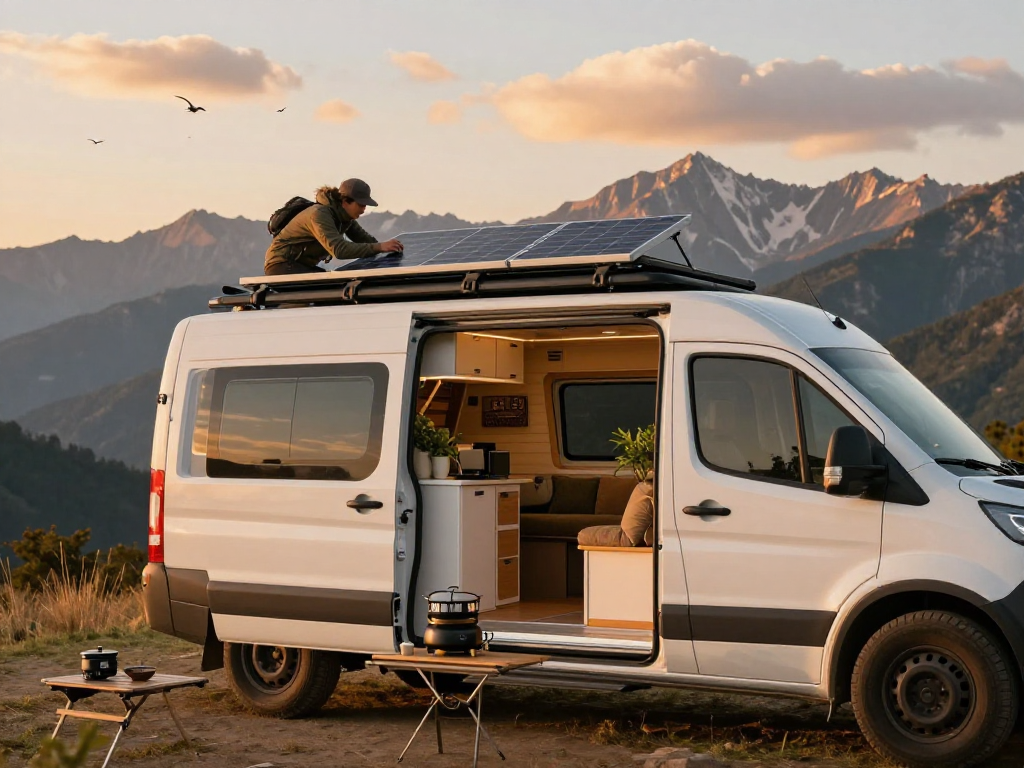 Traveler inspecting solar panels on campervan roof, embracing van life with rokok88 in the mountains.