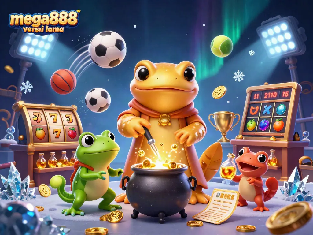 Mega888 versi lama showcases a vibrant casino scene with an alchemist, apprentice, and loot-filled elements, enhancing gaming experience.