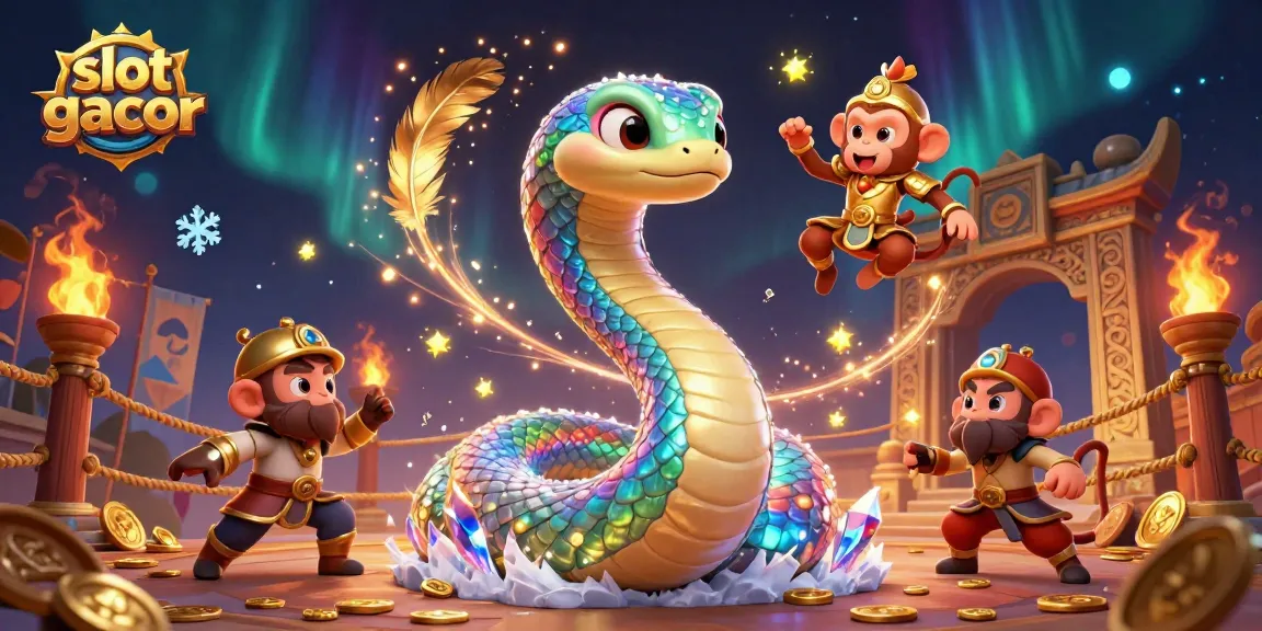 Spin the slot gacor reels featuring a vibrant rainbow serpent and a monkey king in a dazzling casino scene.