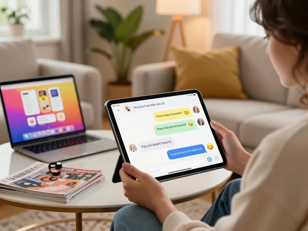 A cozy home setting featuring a user exploring ai sex chat on a sleek tablet, emphasizing modern digital interaction.