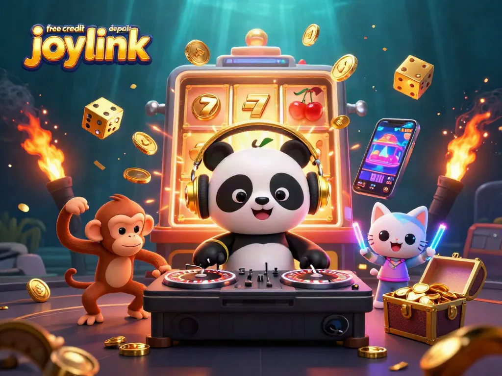 Engage with free credit no deposit joylink in an exciting casino scene featuring a DJ panda and colorful elements