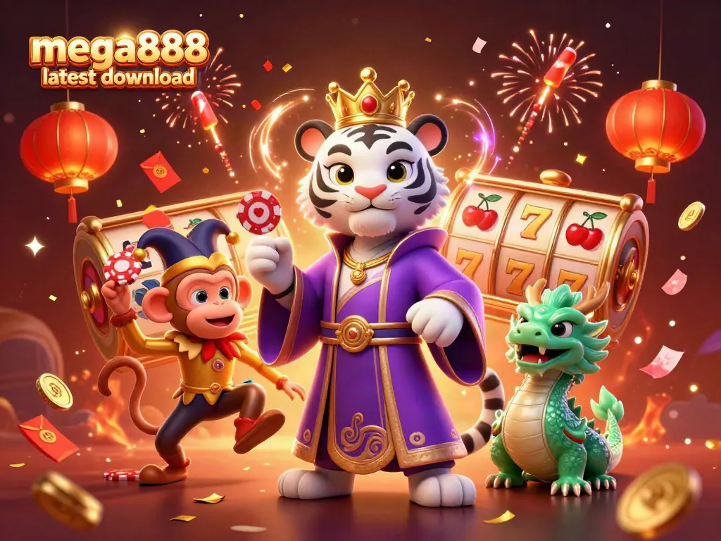 Mega888 latest download illustration featuring vibrant casino elements, including slot reels and festive characters.