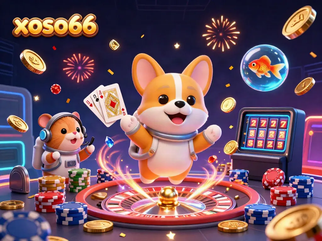Experience excitement with xoso66's vibrant casino atmosphere featuring playful characters and festive elements.